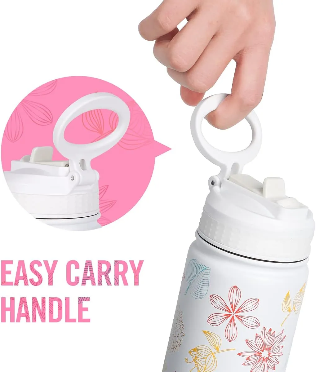 Life's Easy Stainless Steel Insulated Water Bottle - Sports Water Bottle w/Loop Handle Bionic Silicone Straw Lid - Vacuum Flask for Hot and Cold Drinks - Great for School & More (Fleur White, 18 oz)