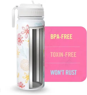 Life's Easy Stainless Steel Insulated Water Bottle - Sports Water Bottle w/Loop Handle Bionic Silicone Straw Lid - Vacuum Flask for Hot and Cold Drinks - Great for School & More (Fleur White, 18 oz)