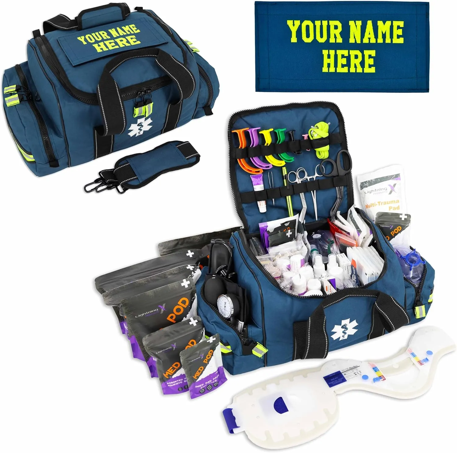 Lightning X Custom Embroidered Trauma Kit & Large EMT Bag w/ 250  First Aid Supplies & Customized Name Patch | Blue