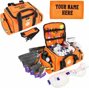 Lightning X Custom Embroidered Trauma Kit & Large EMT Bag w/ 250  First Aid Supplies & Customized Name Patch | Orange
