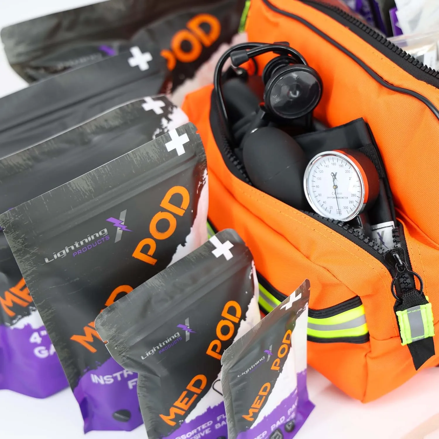 Lightning X Custom Embroidered Trauma Kit & Large EMT Bag w/ 250  First Aid Supplies & Customized Name Patch | Orange