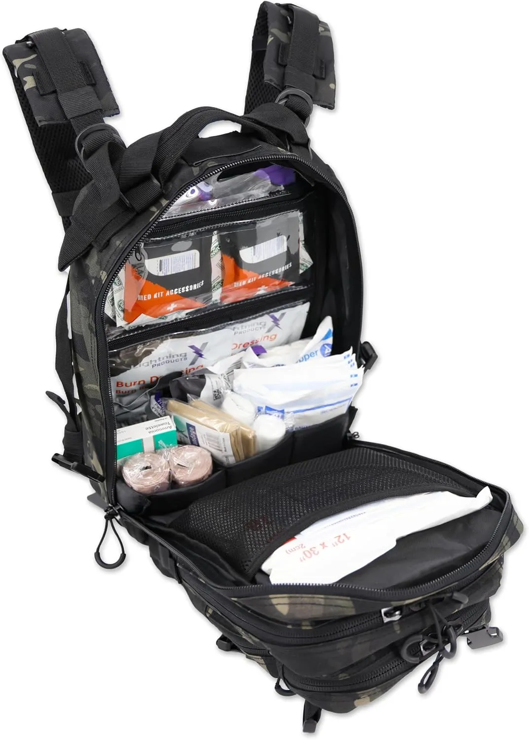 Lightning X Stocked EMS/EMT Trauma & Bleeding First Aid Responder Medical Backpack   Kit (Black Camo)