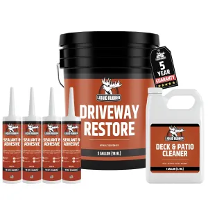 Liquid Rubber Driveway Restore Sealant - Highly Flexible Asphalt Coating Fills Cracks and Revitalize, Kit- Includes 5 Gallon Sealer, Caulk 10.2 oz 4 Pack, Patio Cleaner 1 Gallon