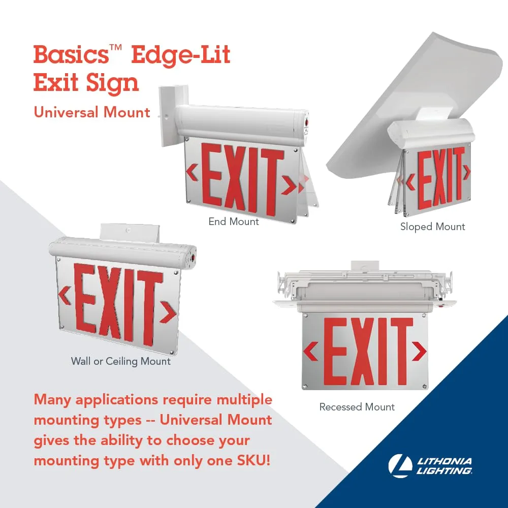 Lithonia Lighting Basics Edge-lit LED Exit Sign with Red Letters, Universal Mount Emergency Exit Only Sign, Ni-Cad Battery Backup (BE W R UM M2)