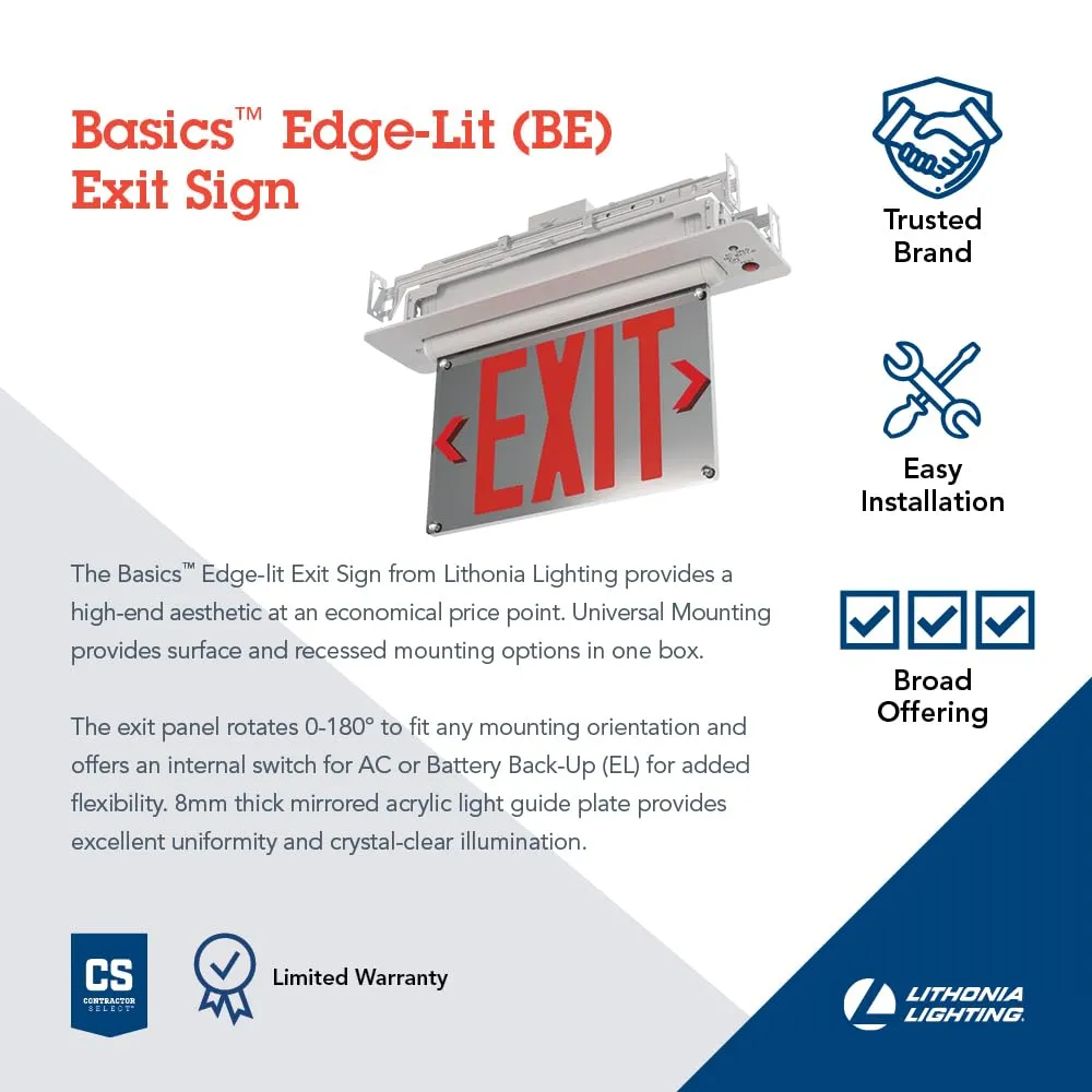 Lithonia Lighting Basics Edge-lit LED Exit Sign with Red Letters, Universal Mount Emergency Exit Only Sign, Ni-Cad Battery Backup (BE W R UM M2)