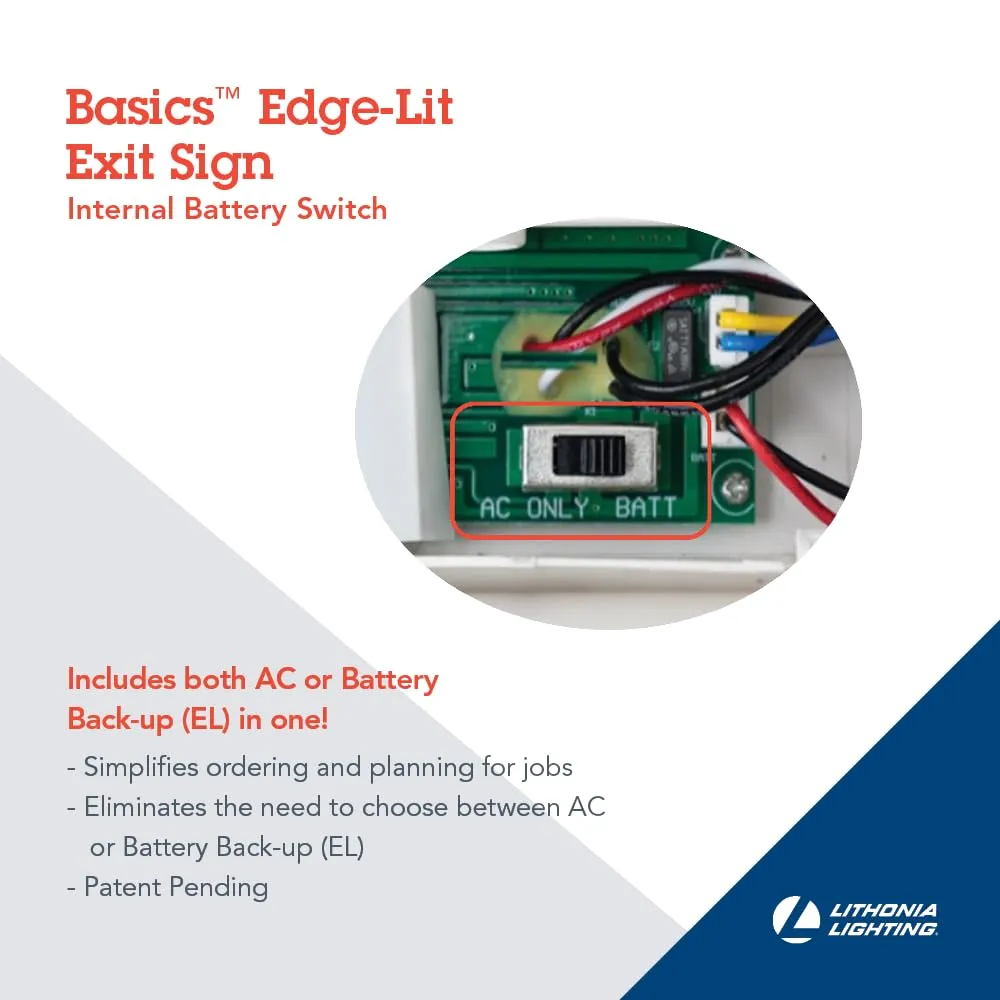 Lithonia Lighting Basics Edge-lit LED Exit Sign with Red Letters, Universal Mount Emergency Exit Only Sign, Ni-Cad Battery Backup (BE W R UM M2)