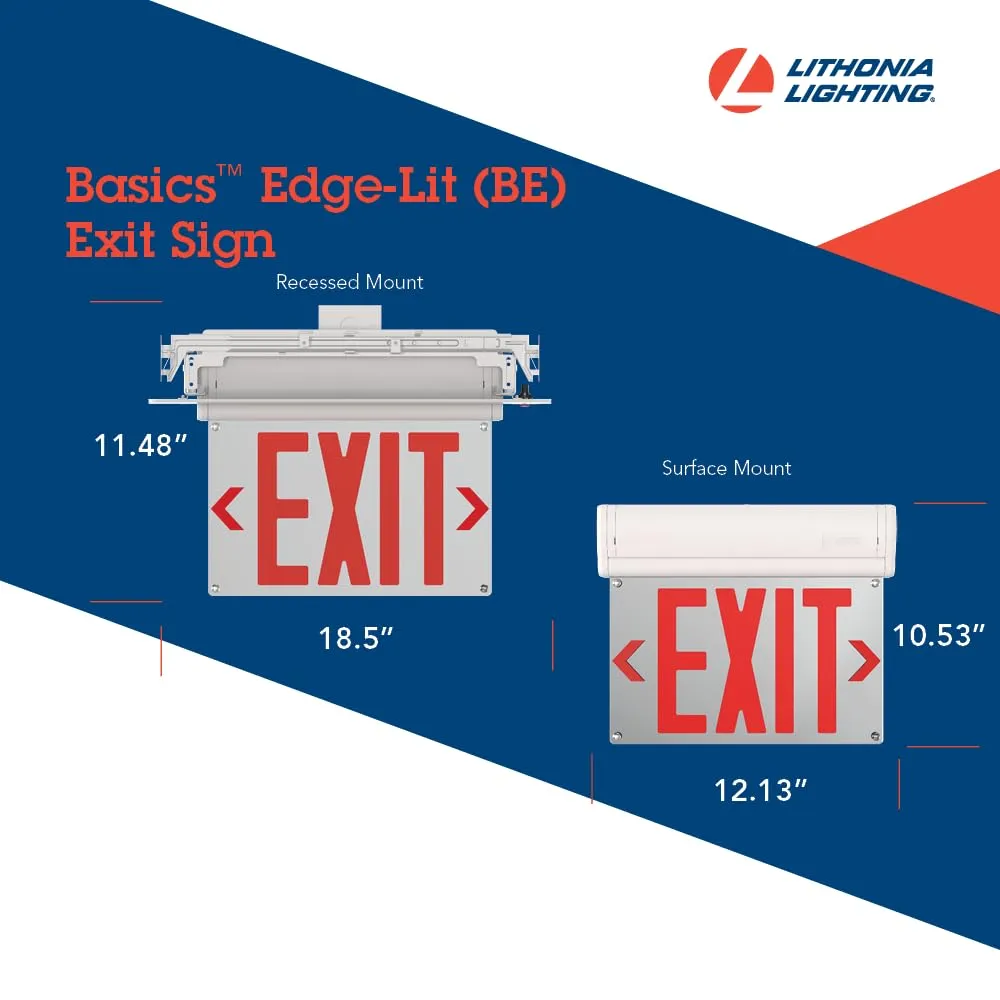 Lithonia Lighting Basics Edge-lit LED Exit Sign with Red Letters, Universal Mount Emergency Exit Only Sign, Ni-Cad Battery Backup (BE W R UM M2)