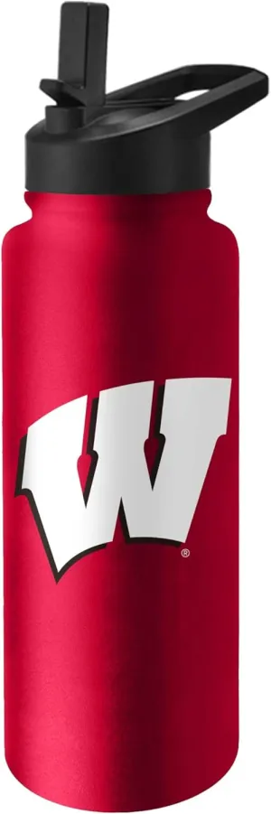 Logo Brands NCAA Wisconsin Badgers 34oz Logo Quencher Water Bottle – Double-Wall Insulated, Stainless Steel, No-Spill Lid, Easy Carry Handle