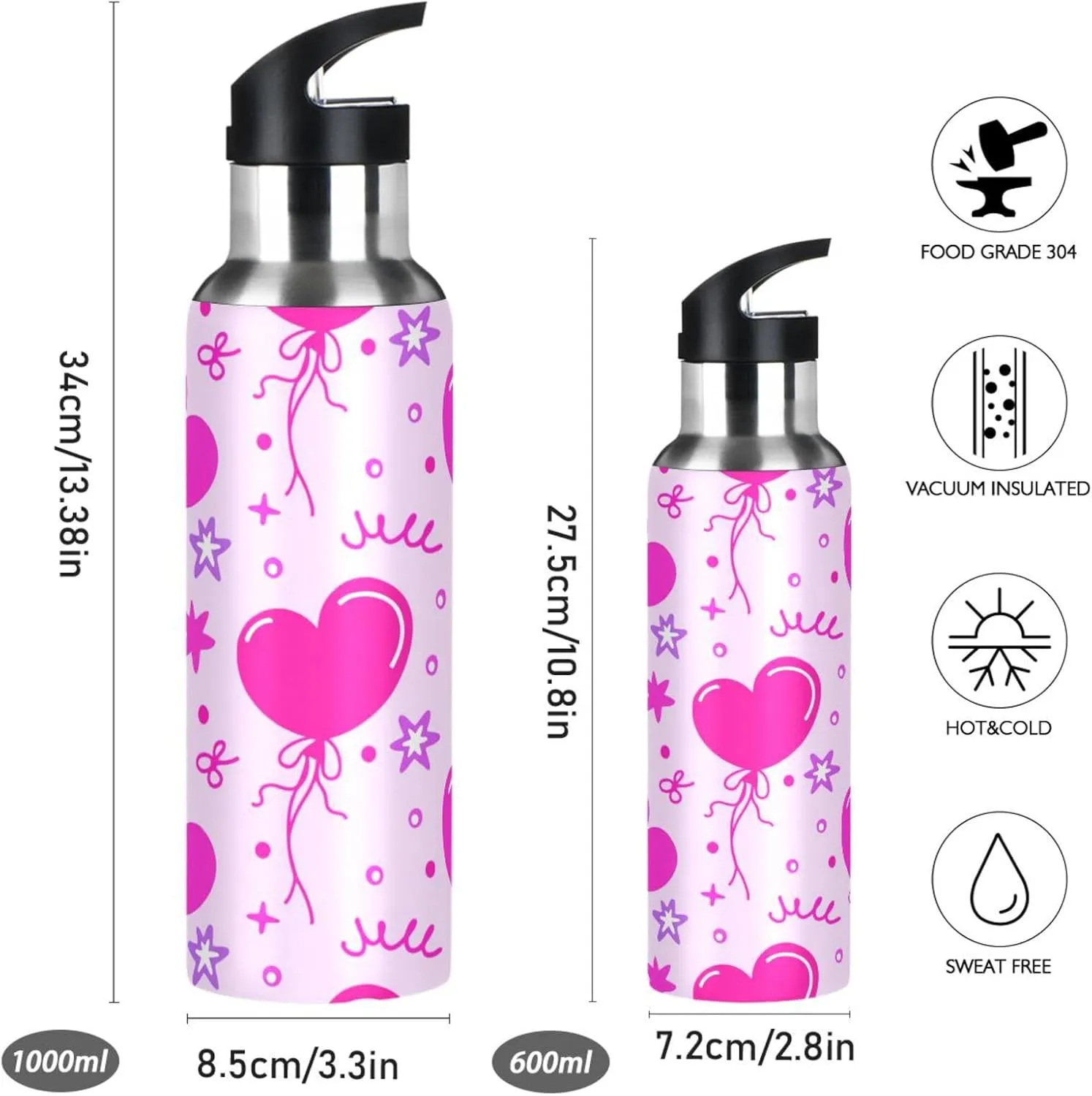 Love Balloons Sports Water Bottle with Straw, 22oz BPA Free Stainless Steel Vacuum Insulated Bottle for Gym Fitness Outdoor