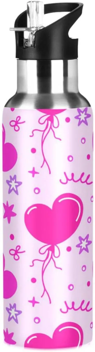 Love Balloons Sports Water Bottle with Straw, 22oz BPA Free Stainless Steel Vacuum Insulated Bottle for Gym Fitness Outdoor