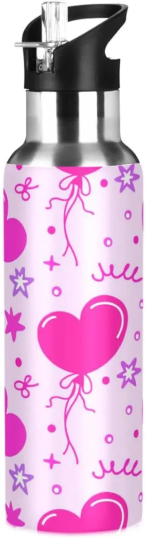 Love Balloons Sports Water Bottle with Straw, 22oz BPA Free Stainless Steel Vacuum Insulated Bottle for Gym Fitness Outdoor
