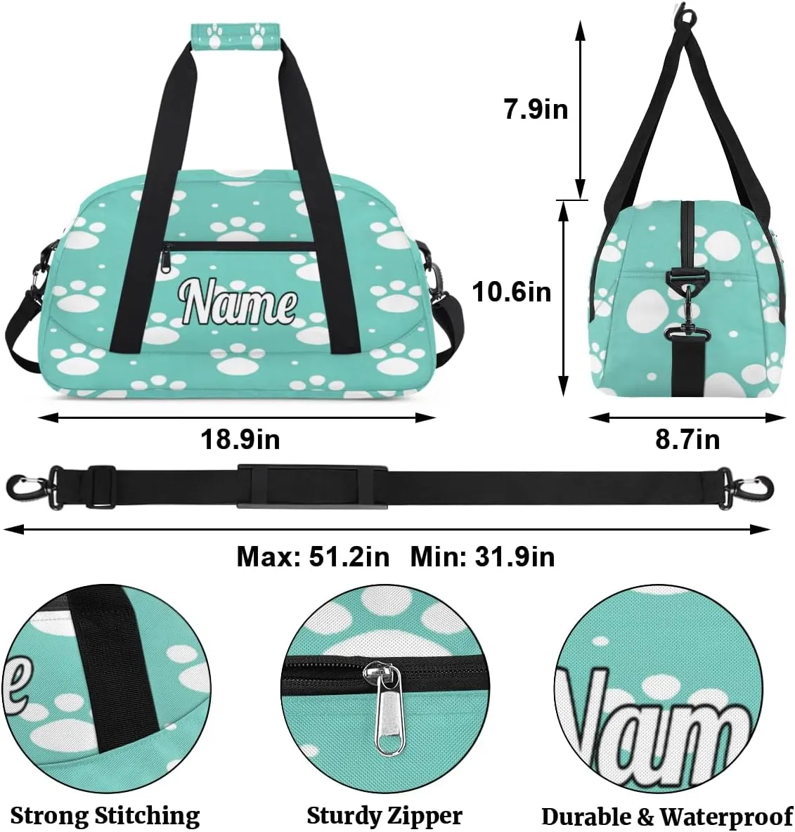 Lovely Dog Paw Prints Personalized Kids Gym Bag Custom Dance Bag with Name Sport Duffel Bag for Girls Boys Weekender Overnight Travel Bag