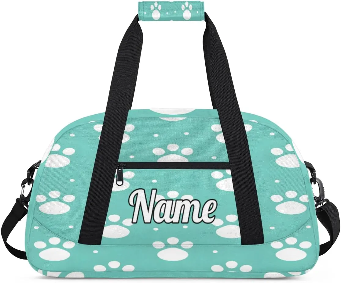 Lovely Dog Paw Prints Personalized Kids Gym Bag Custom Dance Bag with Name Sport Duffel Bag for Girls Boys Weekender Overnight Travel Bag