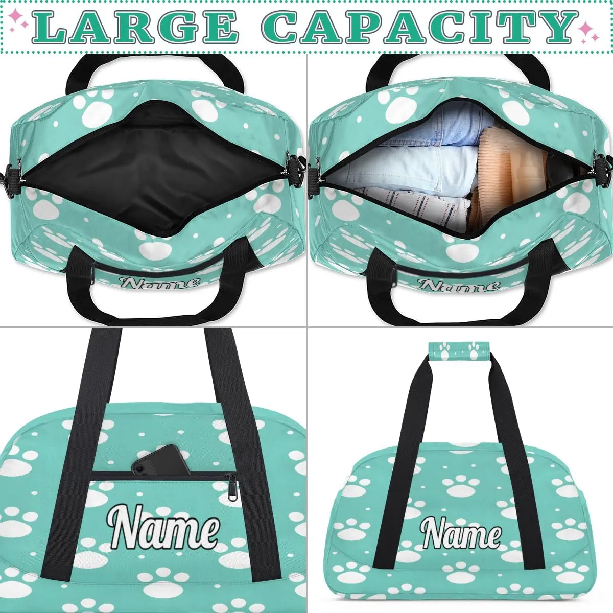 Lovely Dog Paw Prints Personalized Kids Gym Bag Custom Dance Bag with Name Sport Duffel Bag for Girls Boys Weekender Overnight Travel Bag