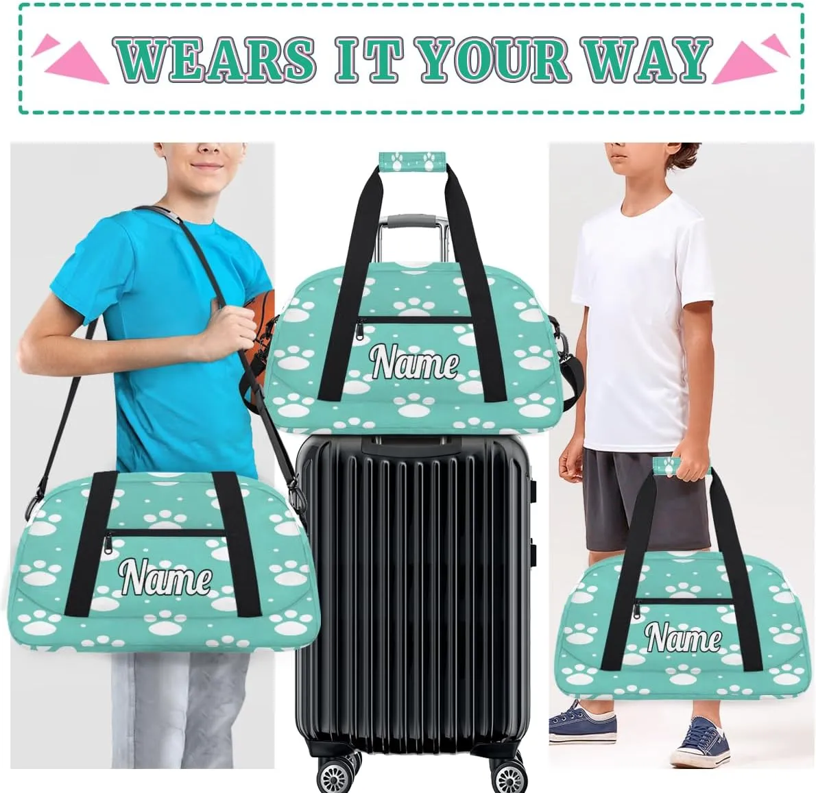Lovely Dog Paw Prints Personalized Kids Gym Bag Custom Dance Bag with Name Sport Duffel Bag for Girls Boys Weekender Overnight Travel Bag