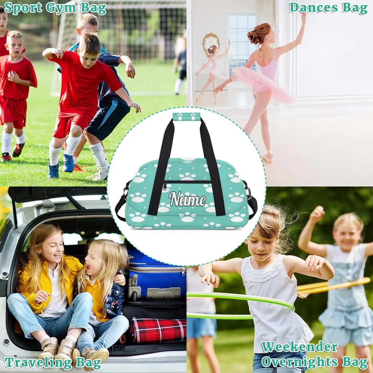 Lovely Dog Paw Prints Personalized Kids Gym Bag Custom Dance Bag with Name Sport Duffel Bag for Girls Boys Weekender Overnight Travel Bag