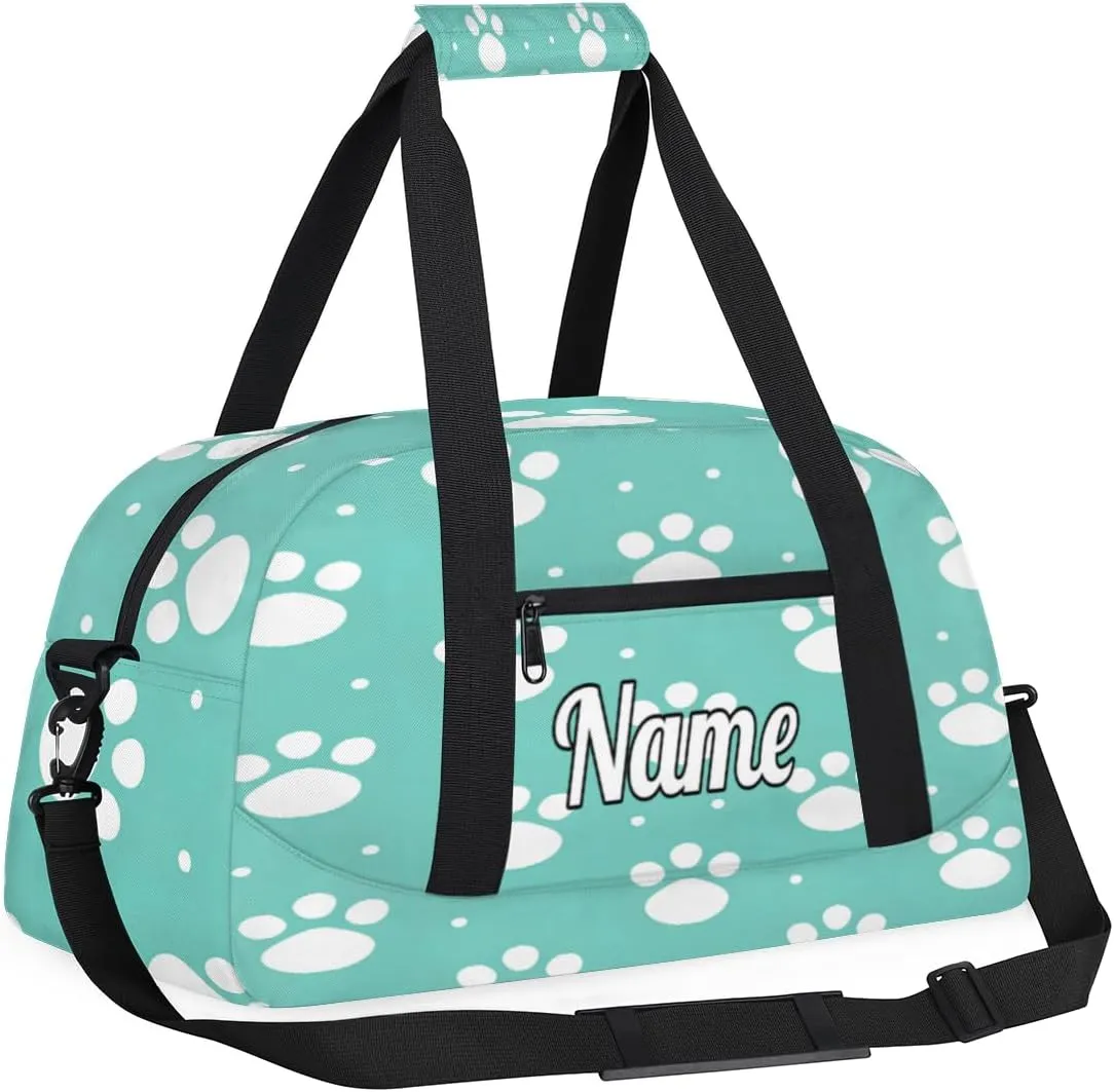 Lovely Dog Paw Prints Personalized Kids Gym Bag Custom Dance Bag with Name Sport Duffel Bag for Girls Boys Weekender Overnight Travel Bag