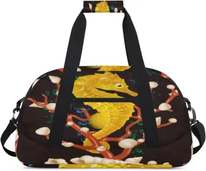 Lovely Seahorse Gym Duffel Bag for Men Women Conch Sports Tote Bag with Adjustable Shoulder Strap for Dance Gymnastics Traveling Outdoor Camping Overnight Stay