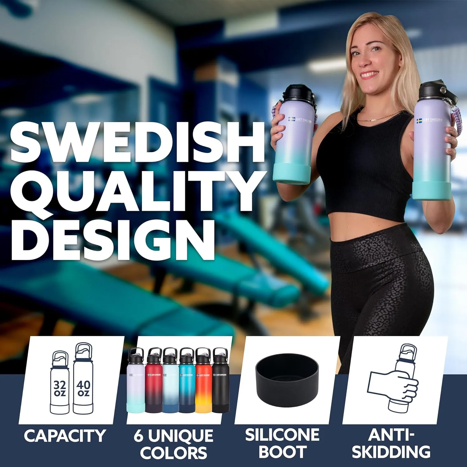 LUFT SWEDEN 32 oz Insulated Stainless Steel Water Bottle – Leakproof, BPA-Free, Reusable Gym Bottle with Straw Lid | Dishwasher Safe, Double Wall Thermos for Cold Drinks – Matte Black