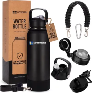 LUFT SWEDEN 32 oz Insulated Stainless Steel Water Bottle – Leakproof, BPA-Free, Reusable Gym Bottle with Straw Lid | Dishwasher Safe, Double Wall Thermos for Cold Drinks – Matte Black