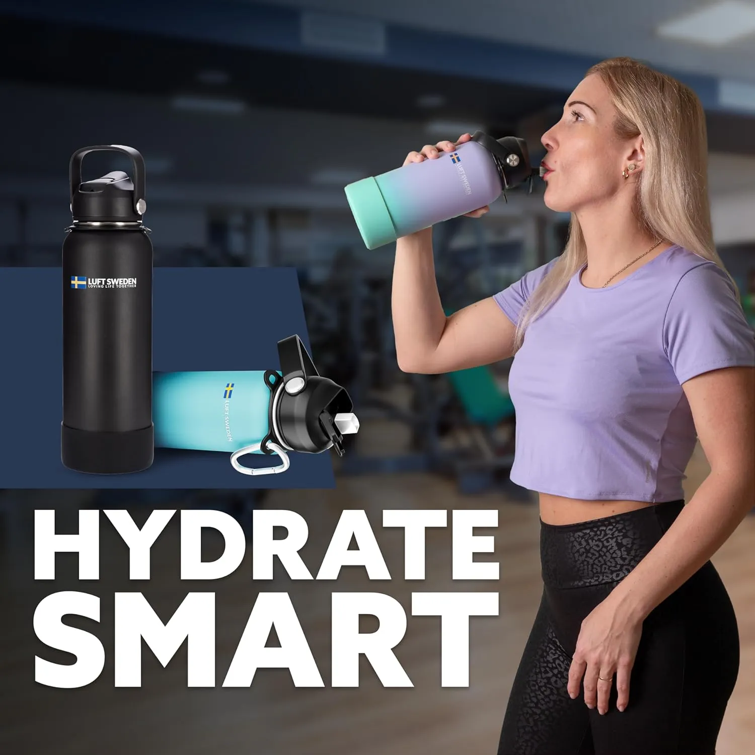 LUFT SWEDEN 32 oz Insulated Stainless Steel Water Bottle – Leakproof, BPA-Free, Reusable Gym Bottle with Straw Lid | Dishwasher Safe, Double Wall Thermos for Cold Drinks – Matte Black