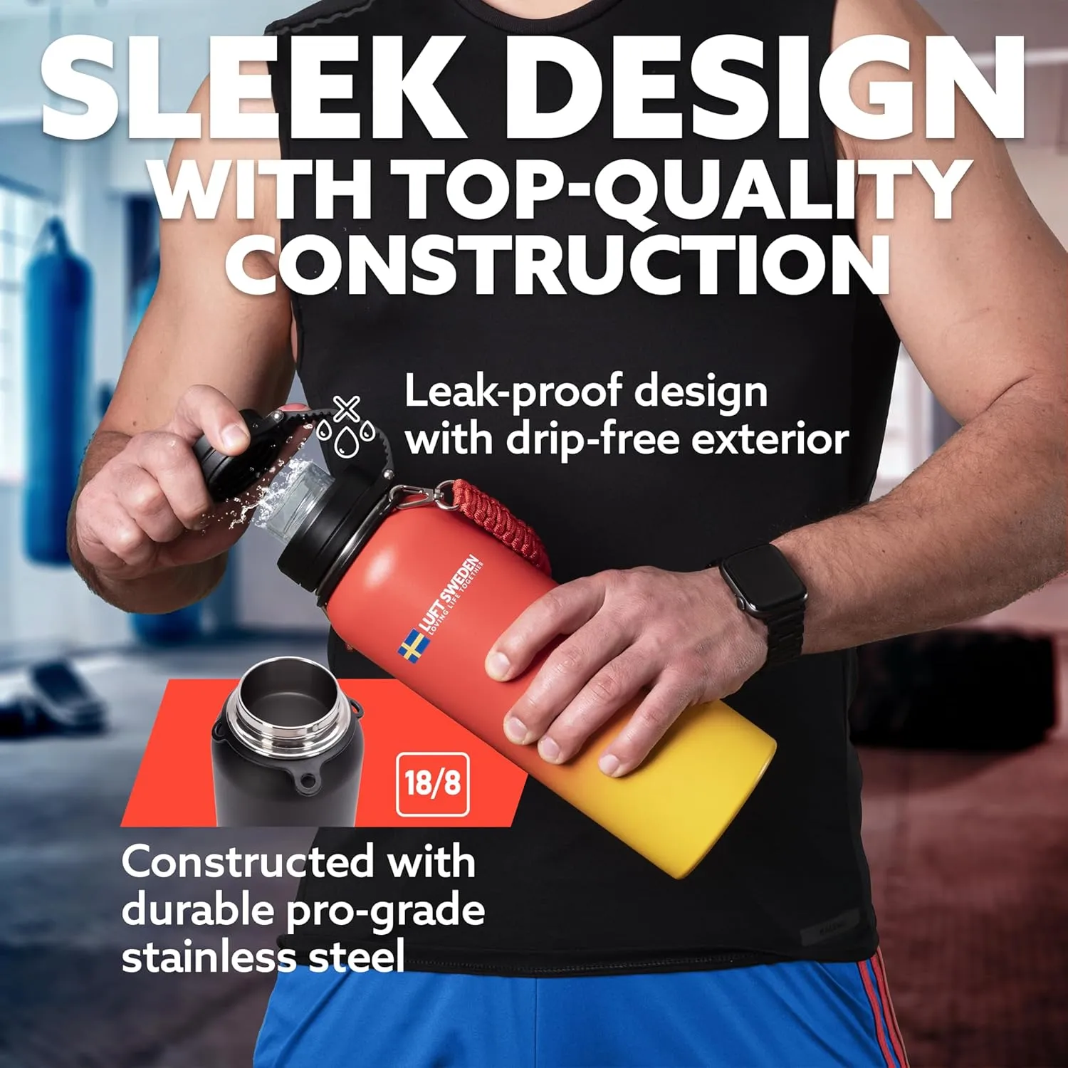 LUFT SWEDEN 40 oz Red & Orange Insulated Water Bottle with Straw Lid – Leakproof, Stainless Steel, Dishwasher Safe – Reusable Double Wall Gym Thermos for Cold Drinks – BPA-Free & Sweatproof