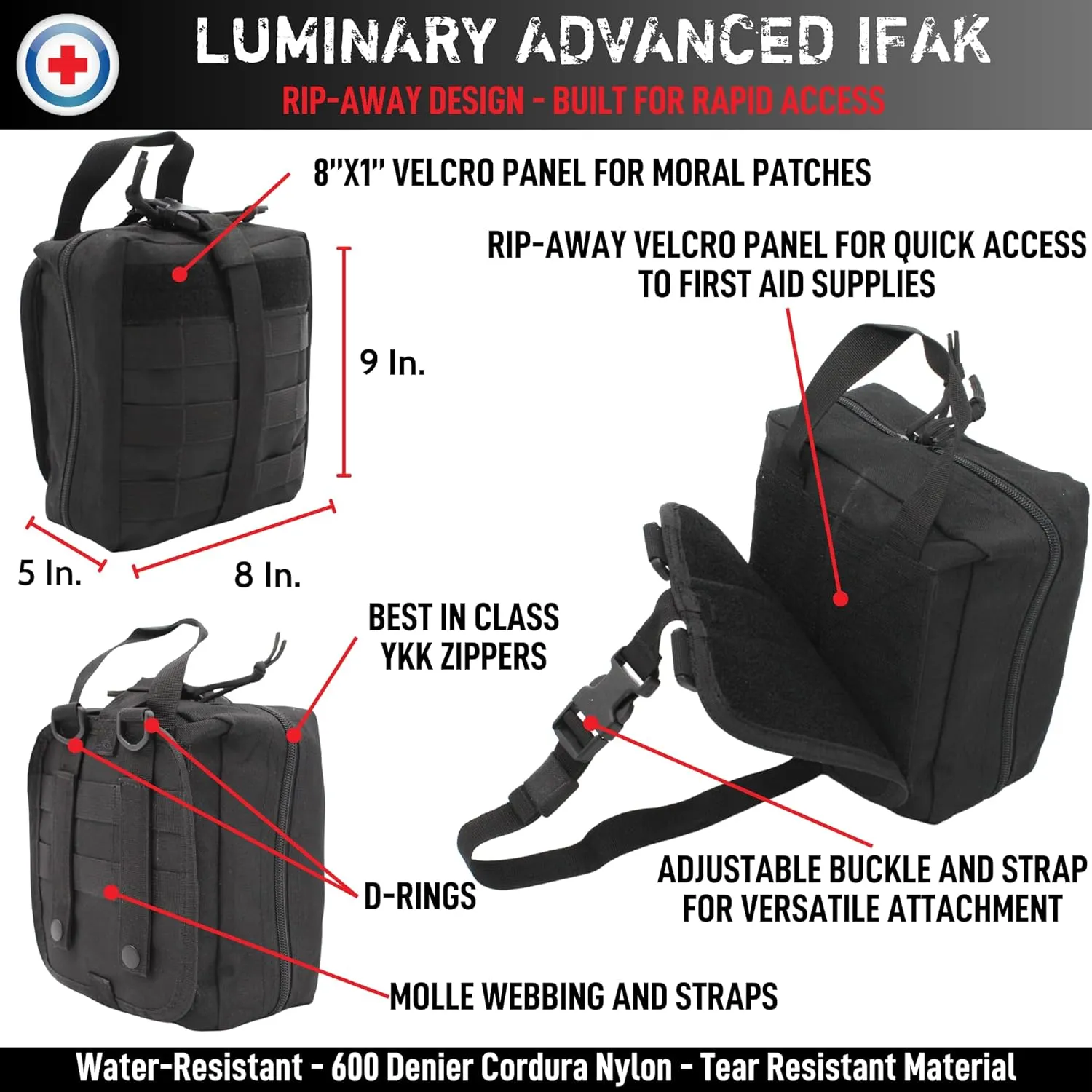 Luminary Advanced IFAK Stocked MOLLE Rip-Away Trauma Hemorrhage Control First Aid Kit with Headrest Mount Quick Release Panel Emergency Pack (Tactical Black)