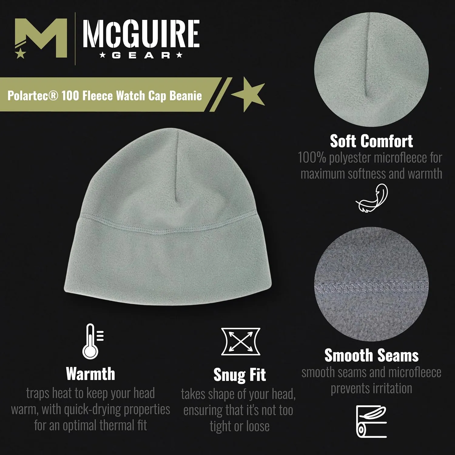 M MCGUIRE GEAR GI Polartec 100 Fleece Watch Cap Beanie, Lightweight Fitted Cap, Tactical Gear & Warm Winter Hat - Made in USA
