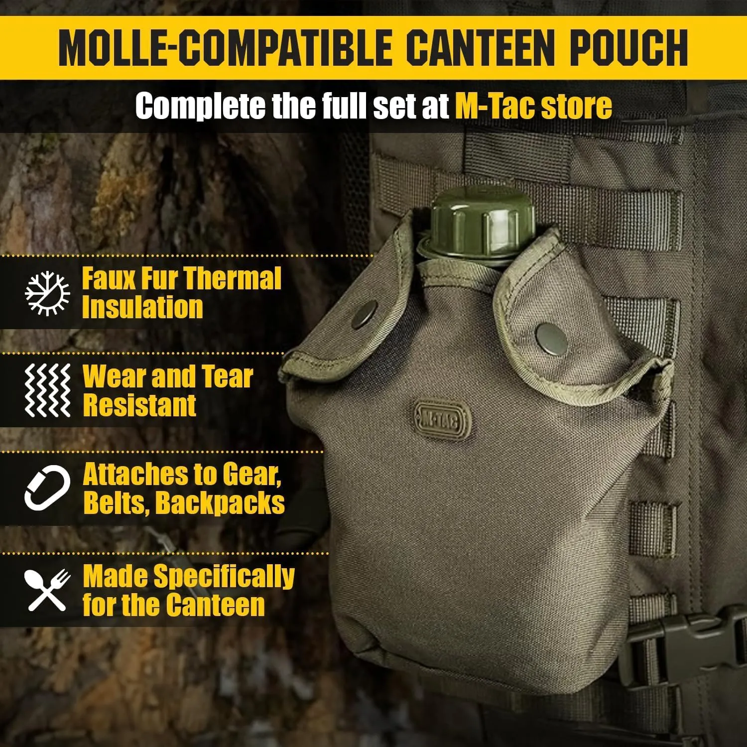 M-Tac Canteen Water Bottle and Cover - 1 Quart Water Canteen Kit (34 Oz/1L) - MOLLE Water Bottle Pouch for Military Hiking Camping (Olive)