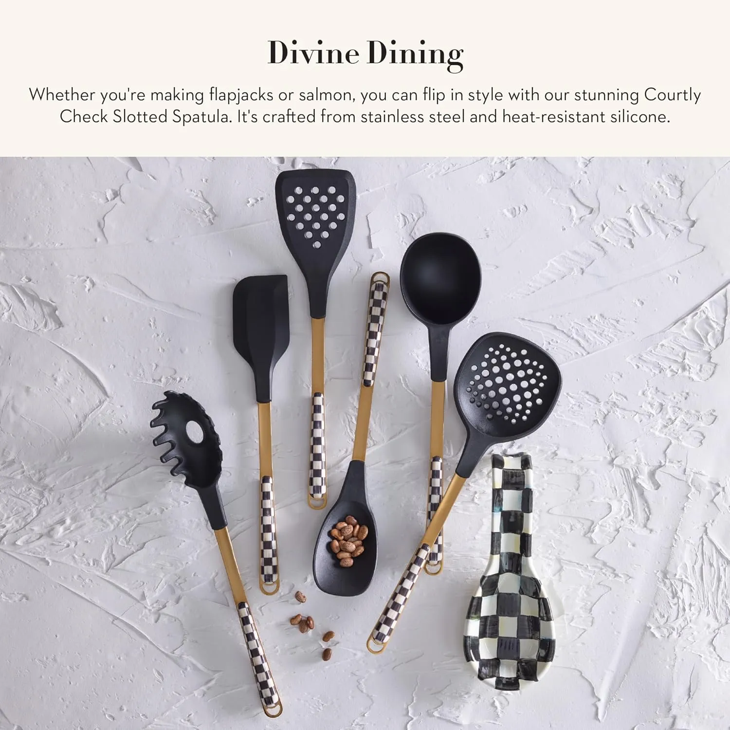 MACKENZIE-CHILDS Slotted Kitchen Spatula, Silicone Spatula for Cooking, Black-and-White Courtly Check