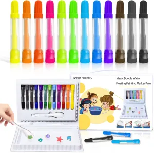 Magical Drawing Pens for Kids Water, 12 Colors Magic Floating Drawing-Pen Bundle, Kiddies Create Magic Pen Draw Puffy Pens Set with Spoon, Water Markers for Boys and Girls (Portable)