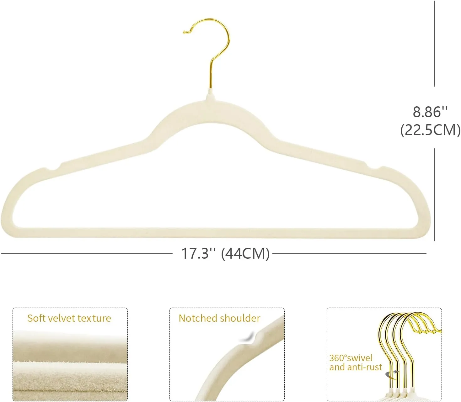 ManGotree Velvet Coat Hangers, Non-Slip Felt Suit Hangers, Ultra-Slim Space Saving Clothes Hanger with 360° Swivel Golden-Plated Hook, 36 Pack (Beige)