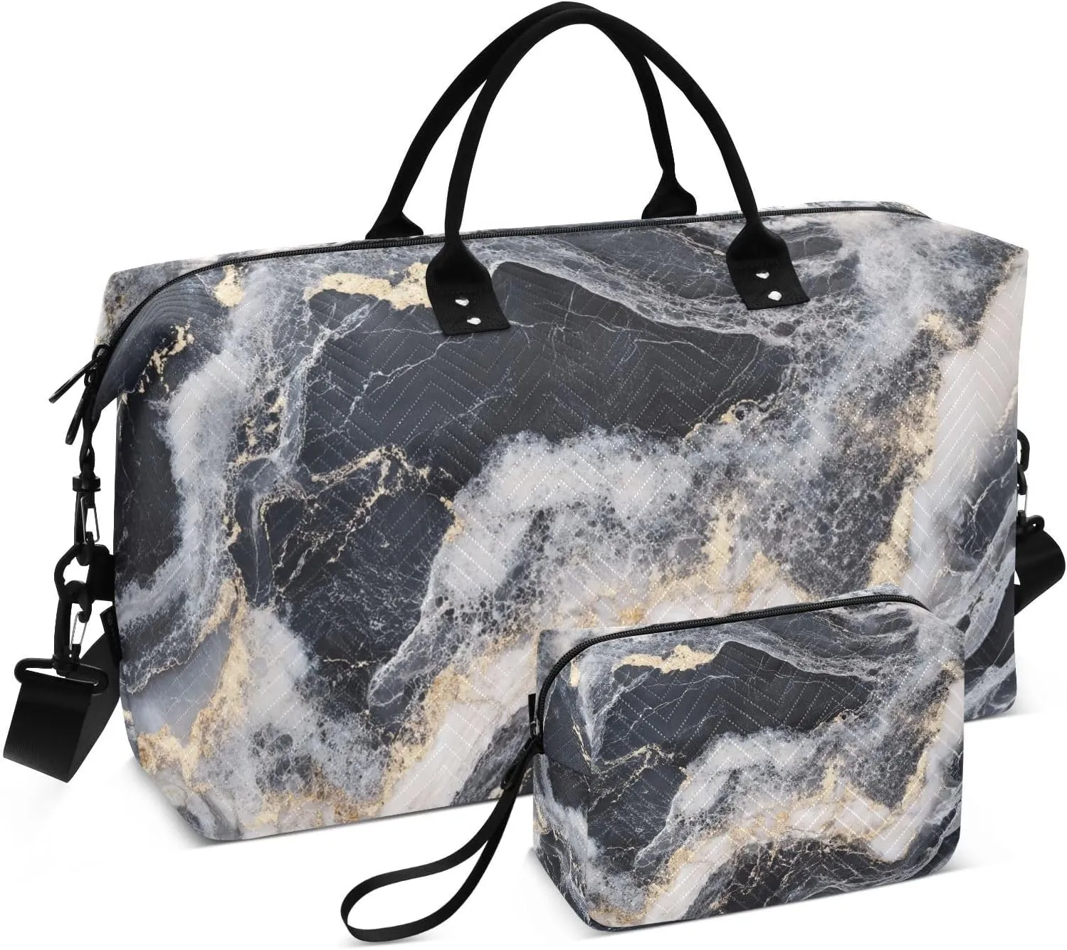 Marble Swirls Golden Duffel Bag for Traveling, Travel Bag Gym Bag, with Multiple Interior Pockets Shoulder Weekender Bag for Women Men with Toiletry Bag 20.5L x 1.9W x 13.8H