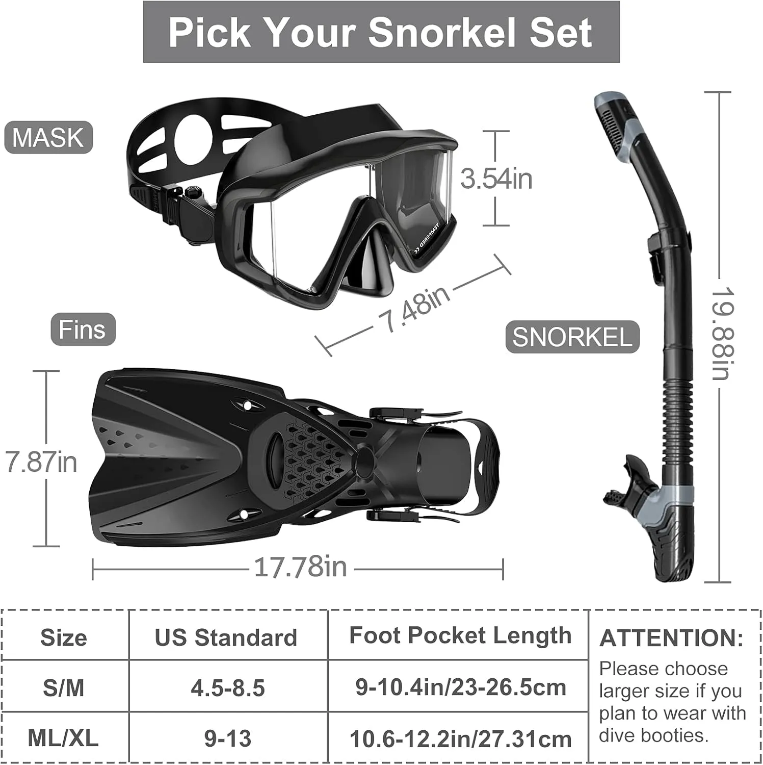Mask Fins Snorkeling Gear for Adults Men Women, Swim Goggles 180° Panoramic View Diving Mask Anti-Fog Anti-Leak&Dry Top Snorkel and Dive Flippers with Gear Bag for Snorkeling Swimming