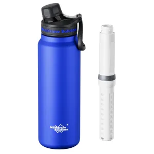 Membrane Solutions C3 Filtered Water Bottle, 32oz Stainless Steel Water Bottle with Replaceable ACF UF Filter Cartridge, Portable Water Filter, Travel, Hiking & Camping for Clean Drinking Water(Blue)
