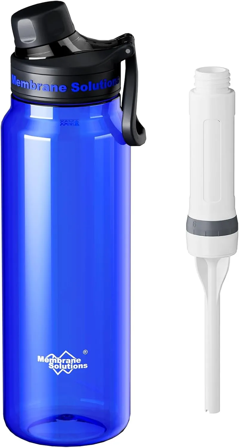 Membrane Solutions C3 Filtered Water Bottle, 36oz BPA-Free Bottle with Replaceable ACF Filter Cartridge, Portable Water Filter, Travel, Hiking & Camping for Clean Drinking Water Anywhere(Blue)