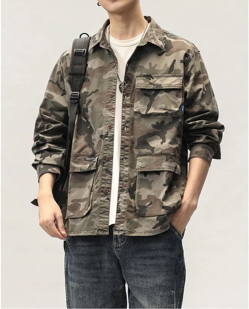 Men's Camouflage Military Shirts Relaxed Fit Multi Pockets Cotton Long Sleeves Shirts