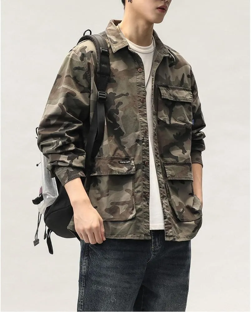 Men's Camouflage Military Shirts Relaxed Fit Multi Pockets Cotton Long Sleeves Shirts