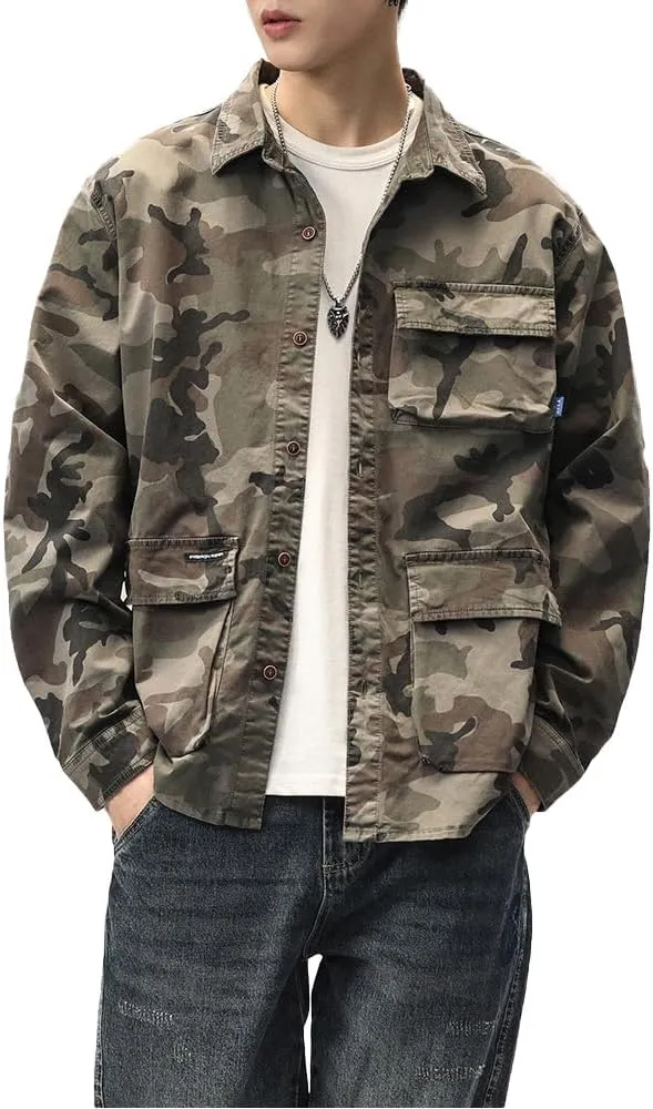 Men's Camouflage Military Shirts Relaxed Fit Multi Pockets Cotton Long Sleeves Shirts