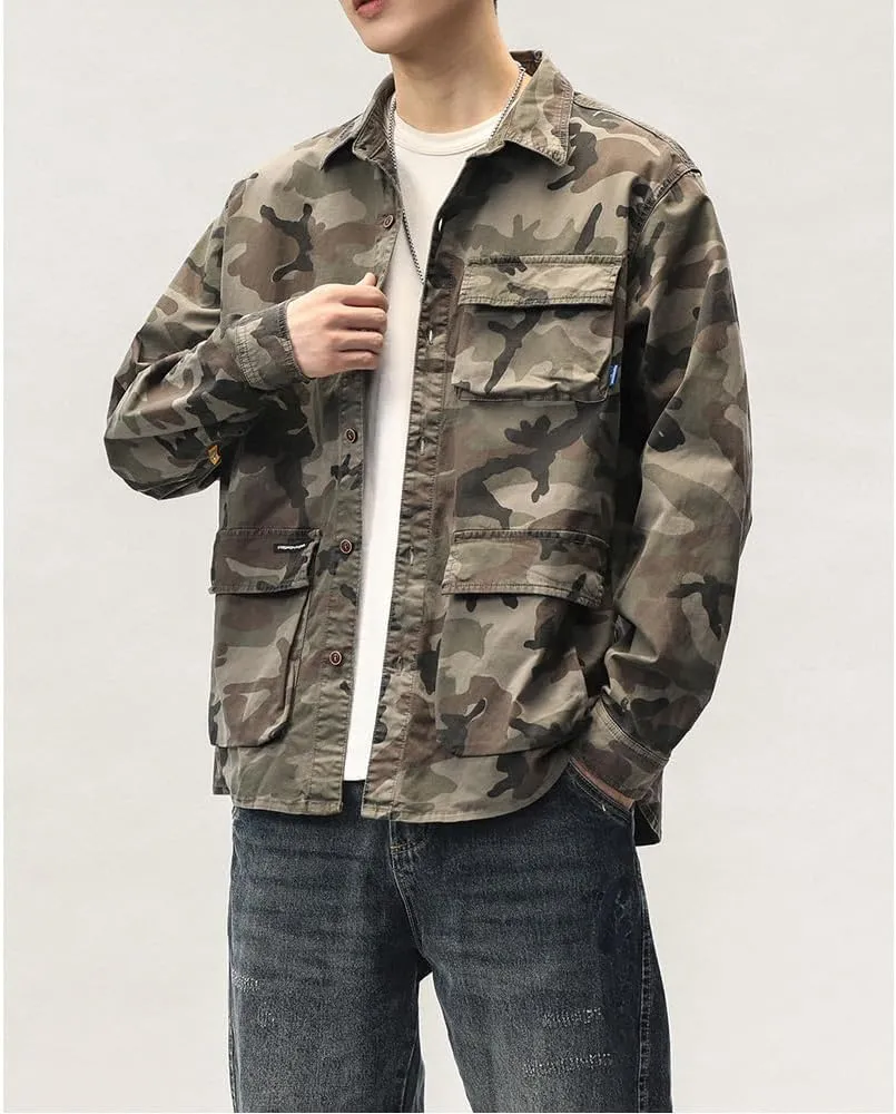 Men's Camouflage Military Shirts Relaxed Fit Multi Pockets Cotton Long Sleeves Shirts