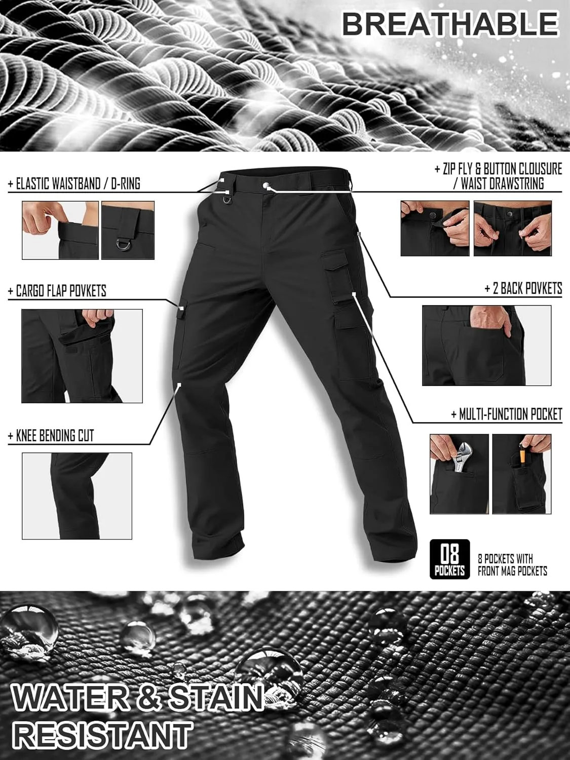 Men's Cargo Work Pants Water Resistant Tactical Pants 29.1" Lightweight Hiking Ripstop Pants Outdoor Apparel