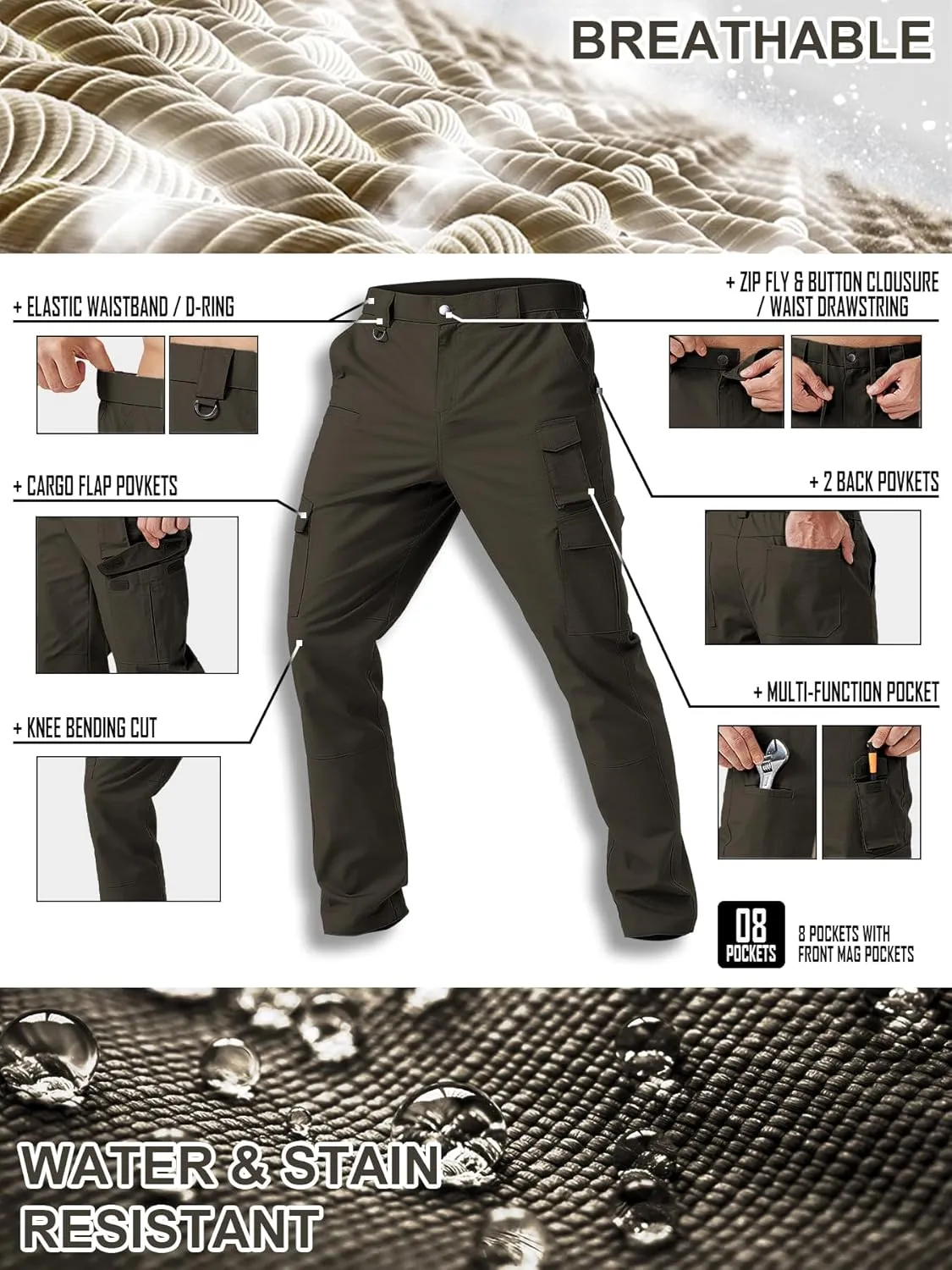 Men's Cargo Work Pants Water Resistant Tactical Pants 29"/31"/33" Lightweight Hiking Ripstop Pants Outdoor Apparel