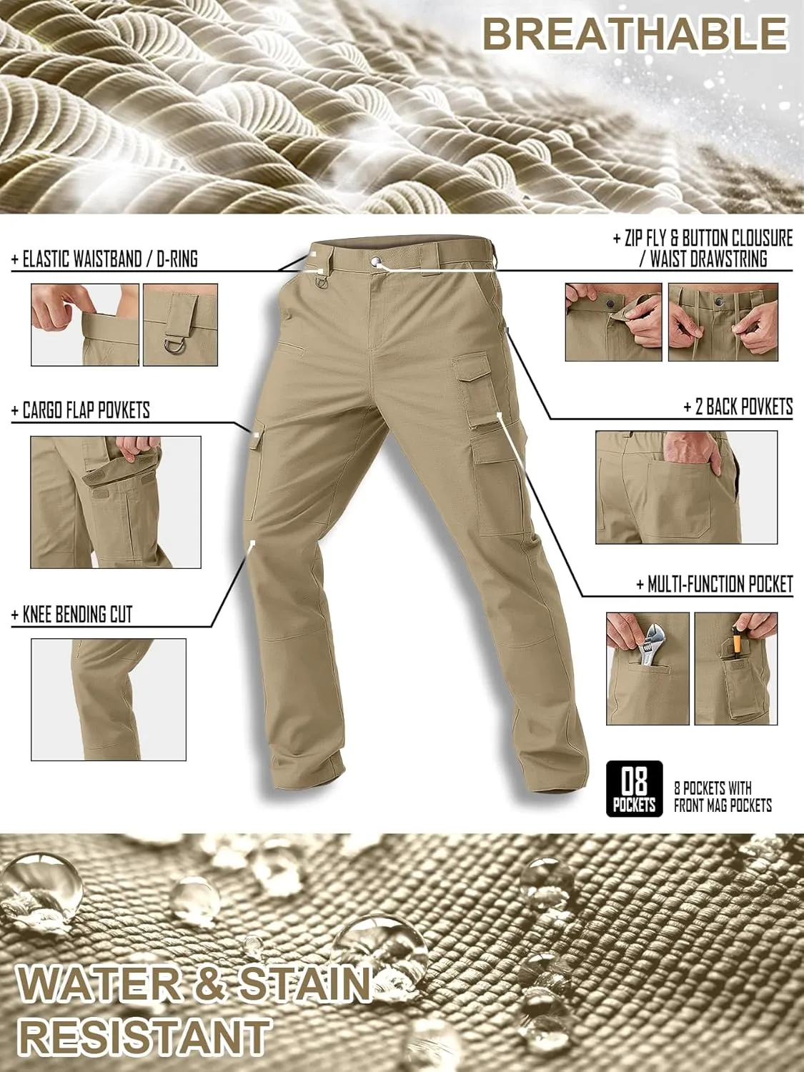 Men's Cargo Work Pants Water Resistant Tactical Pants 31.1" Lightweight Hiking Ripstop Pants Outdoor Apparel