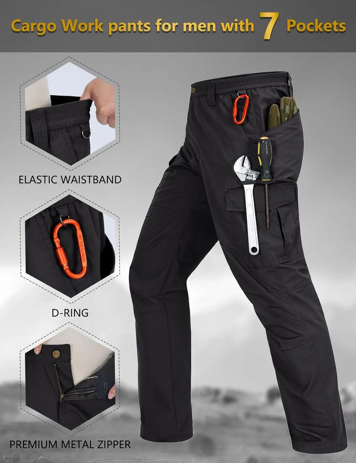 Mens Cargo Work Pants Waterproof Hiking Pants for Men Ripstop Tactical Pants Multi Work Pants with 7 Pockets
