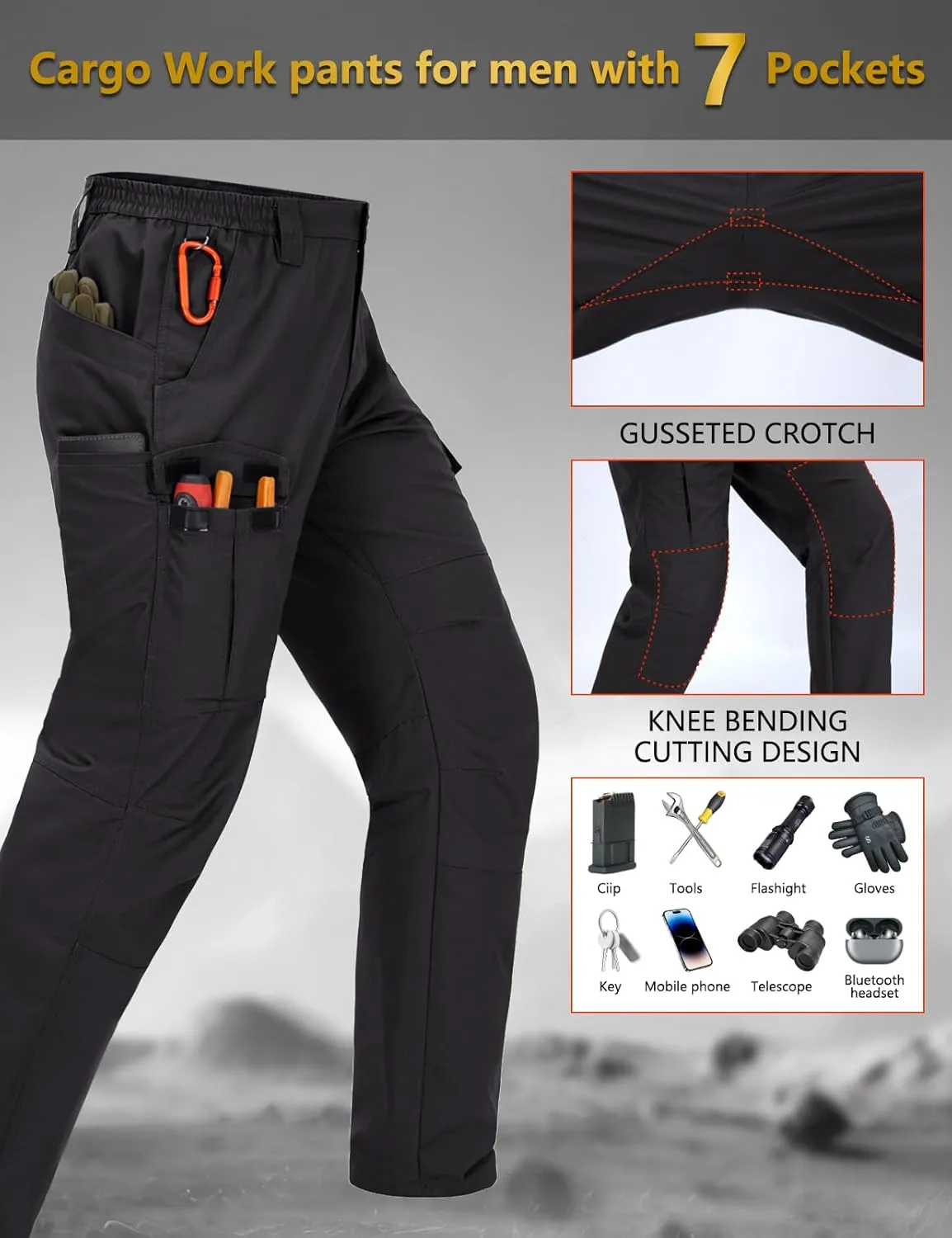 Mens Cargo Work Pants Waterproof Hiking Pants for Men Ripstop Tactical Pants Multi Work Pants with 7 Pockets