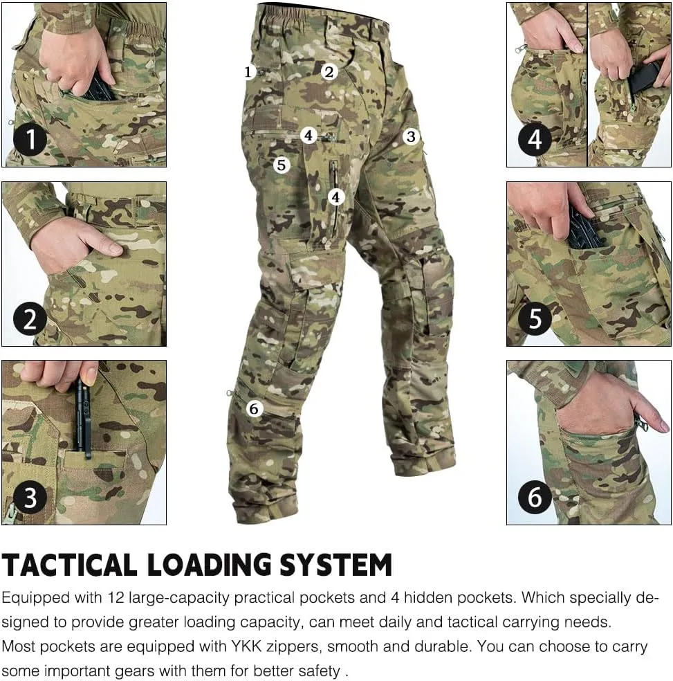 Men’s Combat Pants Tactical Camo Pants with Hidden Knee Pads for Paintball Airsoft Multi-Pockets Trouser