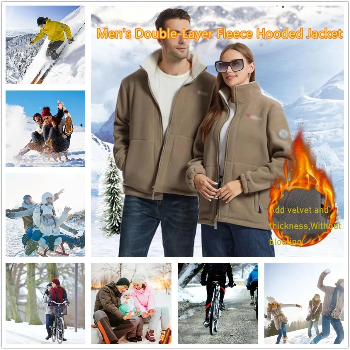 Men's Double-Layer Fleece Hooded Jacket, Polar Fleece Jacket Mens Warm Winter Jacket Tactical Coat with Pockets