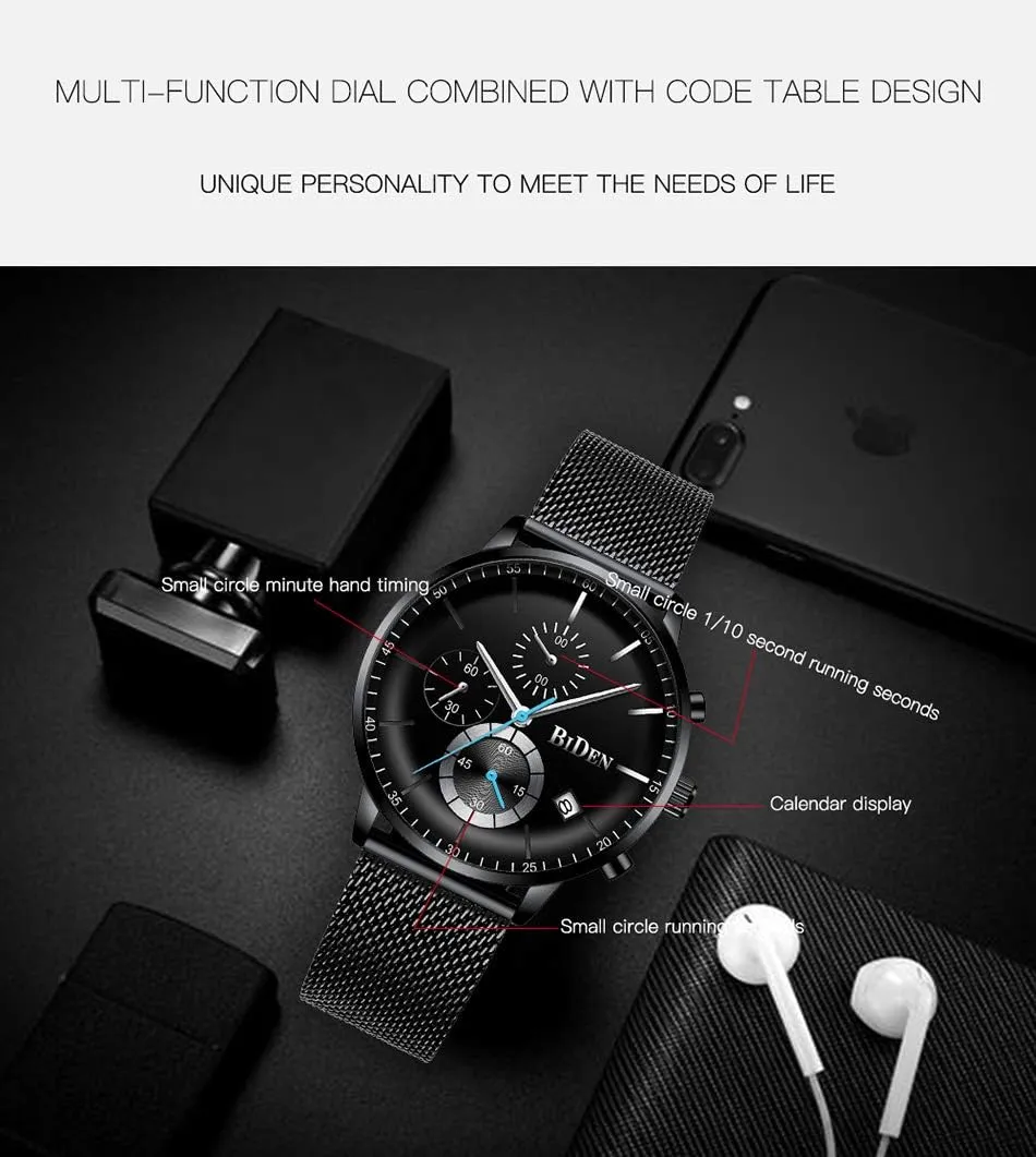 Mens Fashion Sport Quartz Watches Stainless Steel Business Casual Calendar Multi-Functional Wristwatch