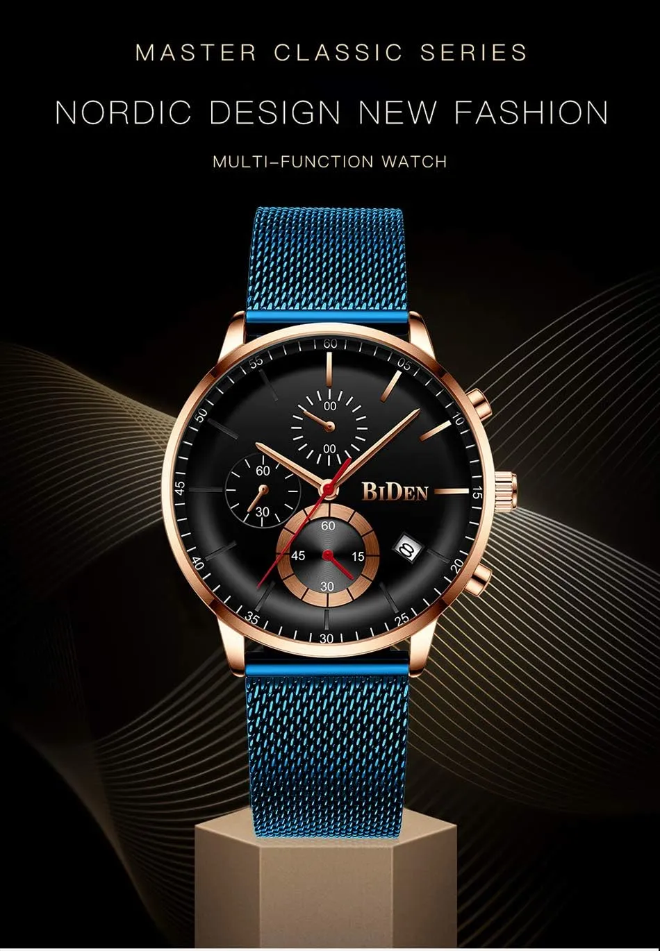 Mens Fashion Sport Quartz Watches Stainless Steel Business Casual Calendar Multi-Functional Wristwatch