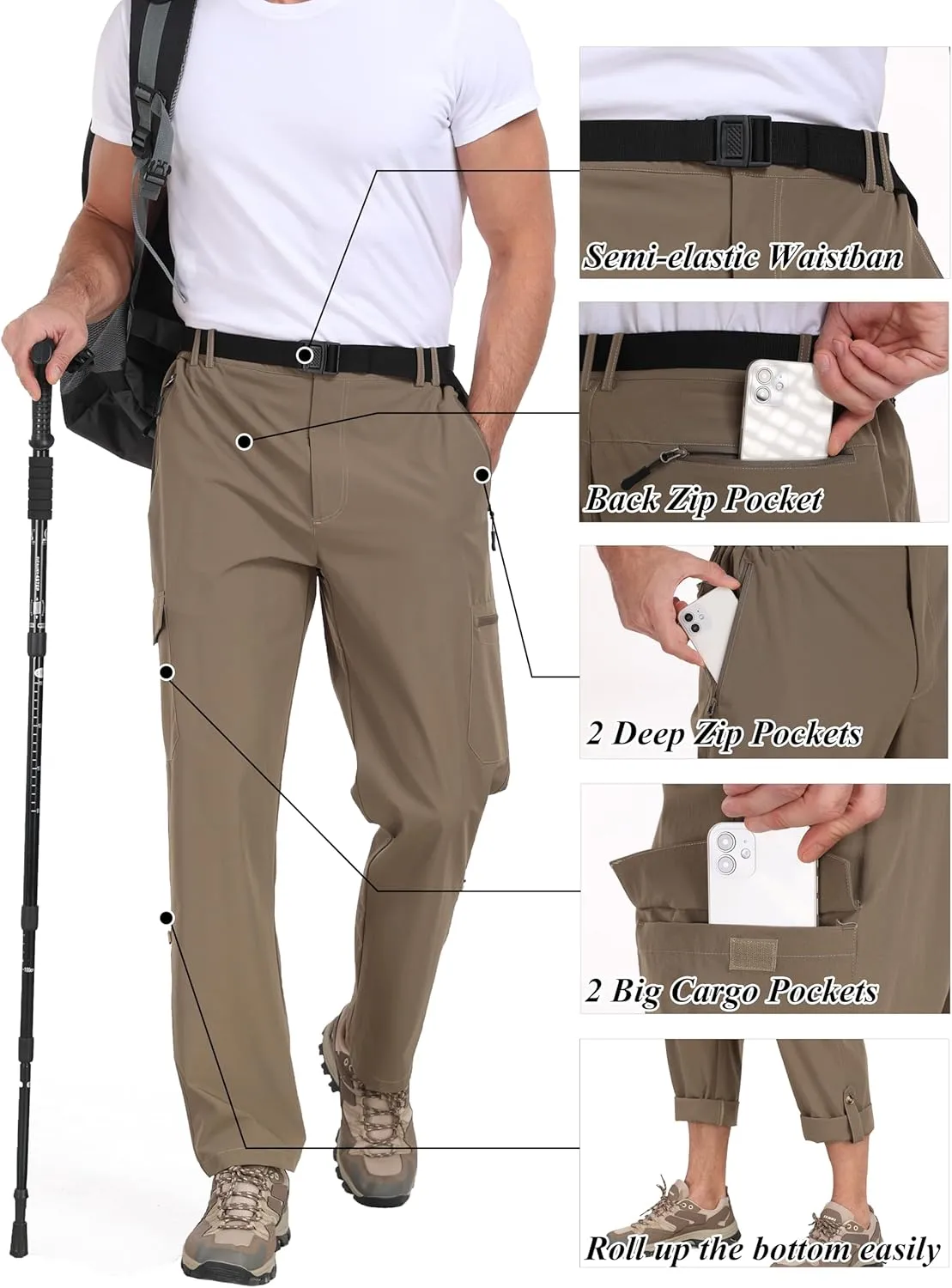 Men's Hiking Cargo Pants Lightweight Tactical Pants Waterproof Travel Work Outdoor Pants with Belt Multi Pockets